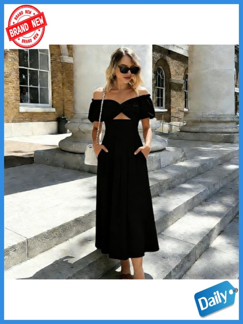 Women's Puff Sleeve Midi Dress Cut Out A-Line Flowy With Pockets - Picture 4 of 6